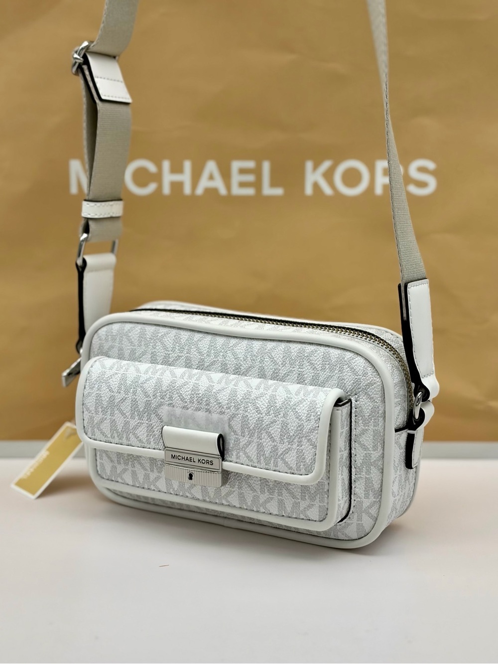 Michael Kors Bradshaw Extra-Small Signature Logo Camera Crossbody Bag Optic Whit